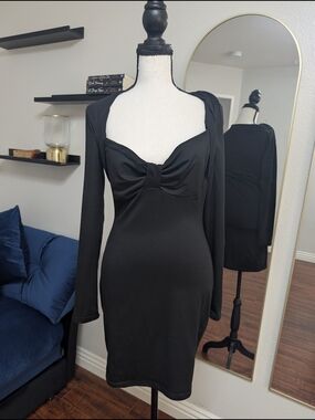 SHEIN Black Long-Sleeve Knot-Front Bodycon Dress